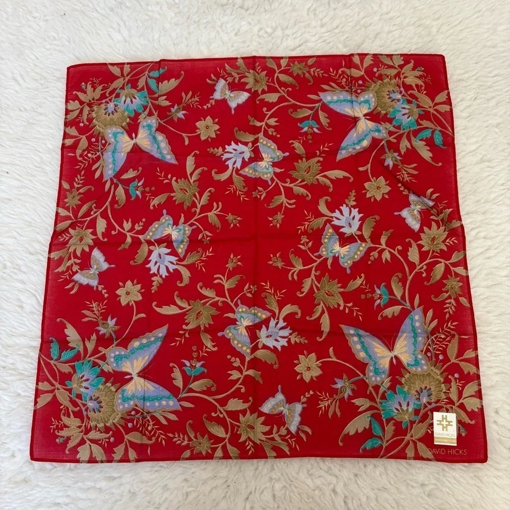 David Hicks Red Floral Butterfly Handkerchief/Bandanna/Scarf 16.5”